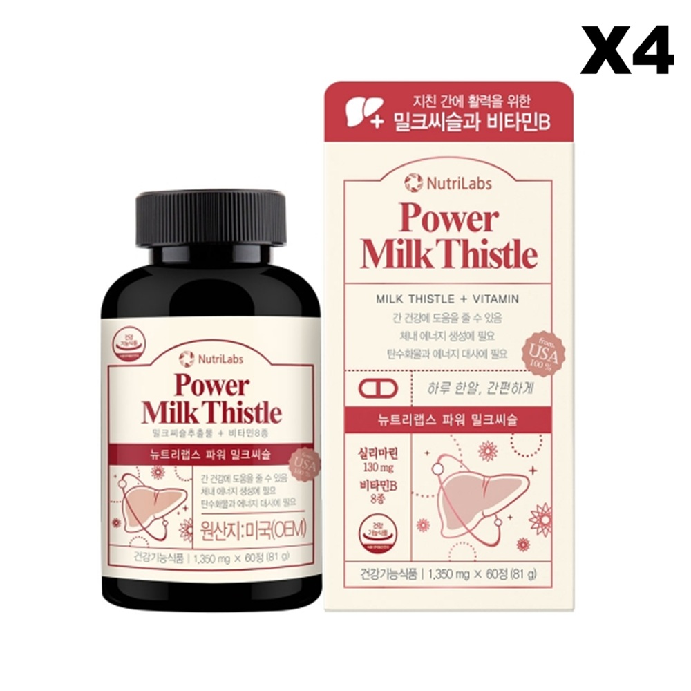 뉴트리랩스 파워 밀크씨슬 1350mg 비타민B군 함유 60정, 4개