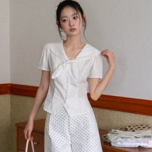 EGGKA 에그카 타이블라우스 세일러카라 여름 반팔 화이트 셔츠블라우스