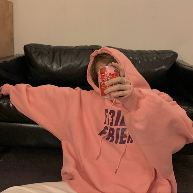 피치핑크 FRIEN레터링프린팅 여리루즈핏기모긴팔후드맨투맨 여자오버핏티셔츠 데일리레이어드룩