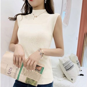 BlueMM 여성 하이넥 민소매 니트 슬리브리스 나시 티