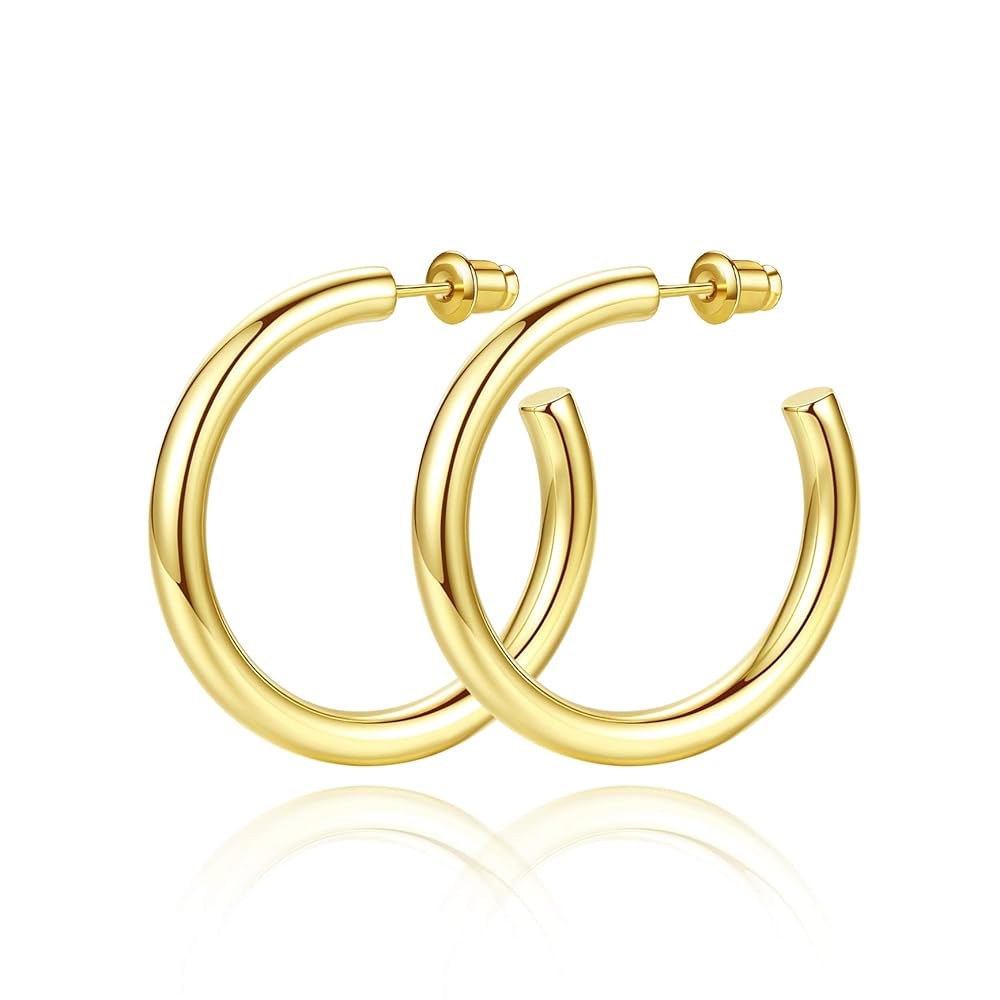 여성용 14K 골드 도금 후프 귀걸이 청키 두꺼운 경량 보석 선물 Gold Tone-20mm