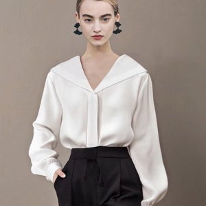 여성 100프로 뽕나무 실크 블라우스 루즈핏 퍼프 벌룬소매 셔츠