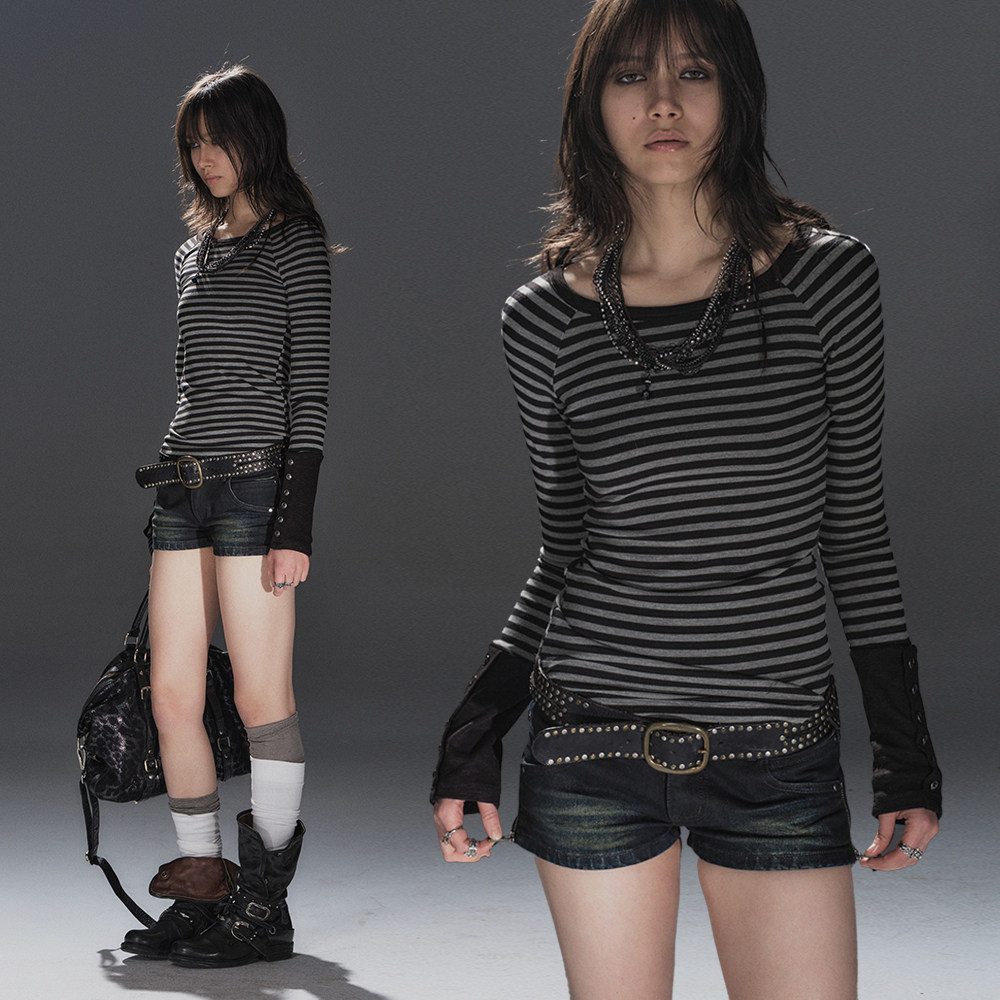 wearAndtear 티셔츠 펑크 블랙 그레이 스트라이프 래글런 긴팔티