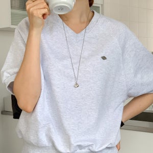 여성 나그랑 브이넥 반팔 맨투맨 데일리 오버핏 반팔 스웨트셔츠