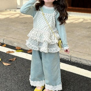 3-7세 여아 상하복 100-130호 긴팔 티셔츠 프릴 레이스 도트 땡땡이 레이어드 나시 청 데님 밴딩 와이드 팬츠 키즈 아기 데일리 나들이 행사 소풍 등원룩 아동복 상하세트