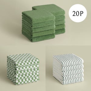 [더 그란/시그니처] 페이스 타월 20P - 세이지 10p+세이지 체커보드 5p+그린 스트라이프 5p