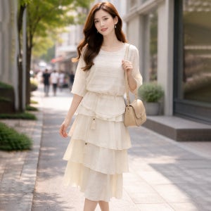 여름 프릴 투피스 원피스 여성 여리핏 반팔 롱 스커트 세트 휴양지 데이트룩