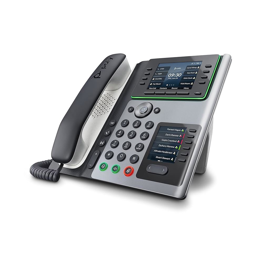 하이브리드 작업을 위해 설계된 Poly Edge <b>E400</b> IP 데스크 폰 (Plantronics + Polycom) u2013 - 최대 32줄까지 지원하는 8줄 키 휴대폰 및 헤드