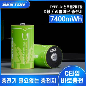 베스트온 D형 충전지 USB-C타입 2개입 듀얼 충전케이블 세트 충전식 건전지 리튬이온 배터리