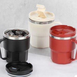 휴대용 이중 스텐 머그컵 뚜껑형 뚜껑 손잡이 사무실 다용도 400ml