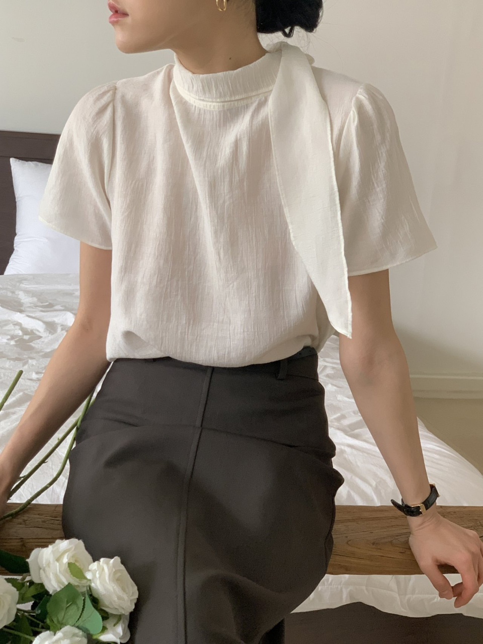 반팔 타이블라우스 실키 여름블라우스