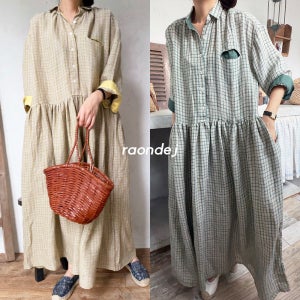 우든 소렌 린넨 모노체크 루즈 셔츠 롱원피스