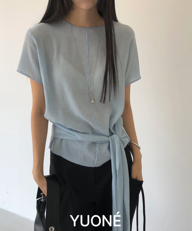 [ 3color ] 슬림 라인 타이 블라우스 티 Slim Line Tie Blouse Tee