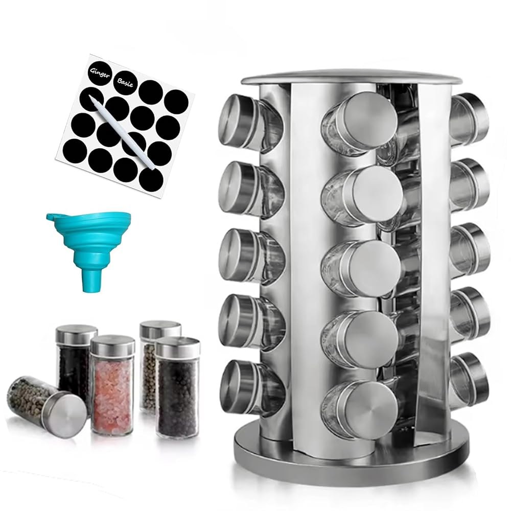 20 병이 있는 Ayedvan 회전식 스파이스 랙 라벨이 정리함 검은색 캡이 광택 스테인리스 스틸 주방 조리대용 캐러셀 캐비닛