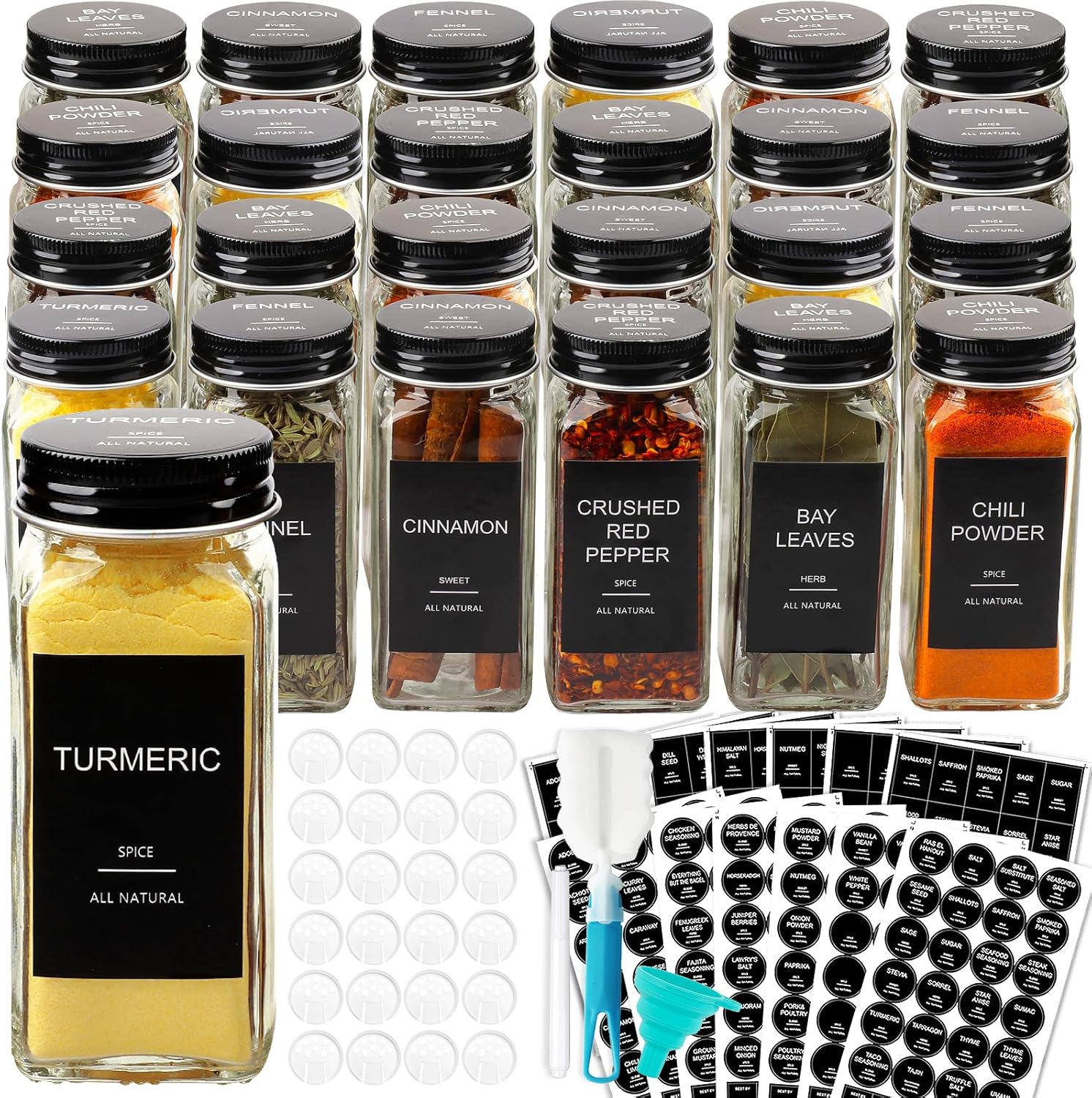 시프린 24개 유리 향신료 병 398개 라벨 빈 사각 용기 양념 4온스 셰이커 뚜껑 깔때기 브러시 및 마커 포함블랙 메탈 <b>캡</b> Glass