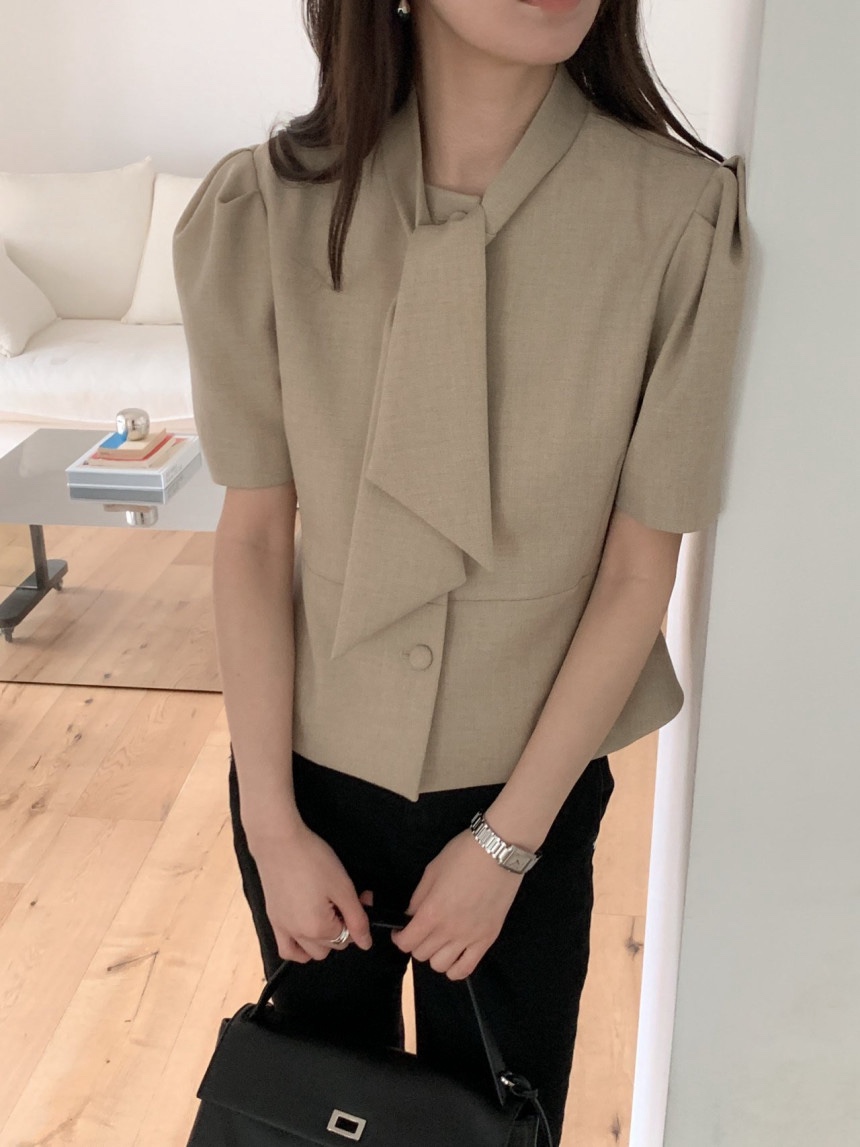 스카프 타이 반팔 자켓 퍼프 소매 페플럼 재킷 여름 하객룩