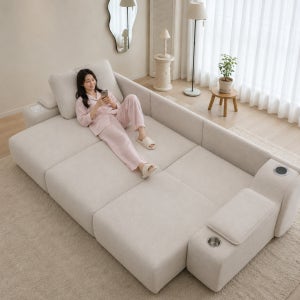 아페르토 4세대 이지클린 패브릭 무빙 슬라이딩 리클라이너 모션 소파 수납형(스피커/무선충전+컵홀더), 4인용