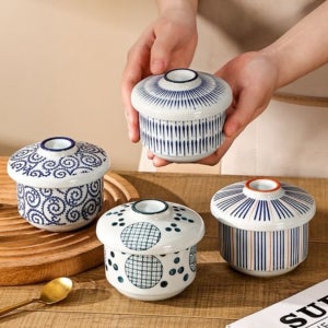 뚜껑 있는 사기 그릇 소금 밥그릇 도자기 밥공기 4종 세트