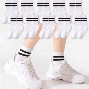 BlueMM 10켤레 여성용 골지 중목 양말 묶음 5색 선택 라인 포인트 학생 스쿨 삭스