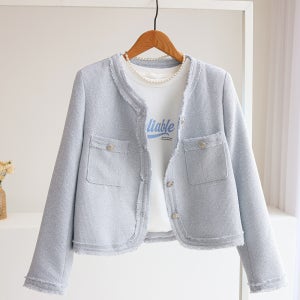 노벨즈 포켓 노카라 라운드 프린지 트위드 자켓