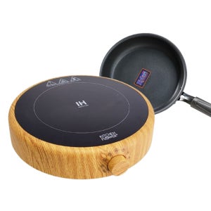 키친플라워 1구 원형 우드 인덕션 렌지 + 후라이팬 세트 자가설치, 프리스탠딩, 딥베이지