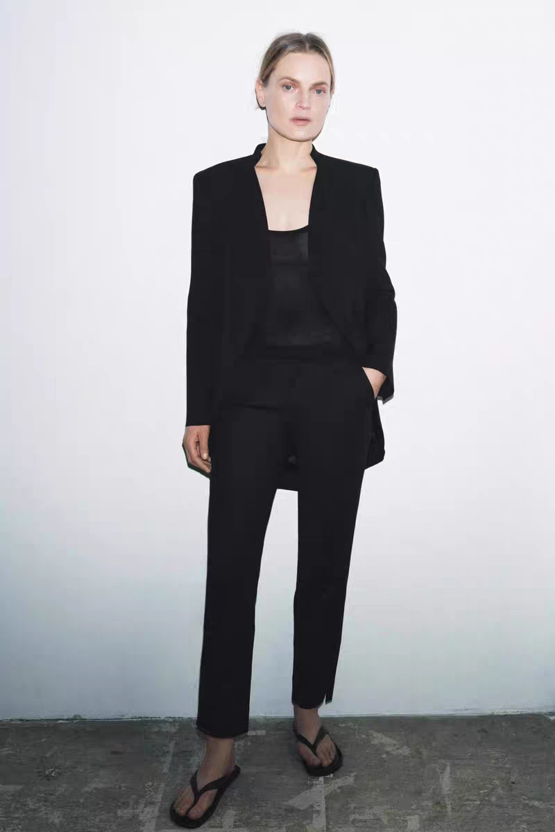 ZARA 여성 블랙 노카라 롱 테일러드 자켓