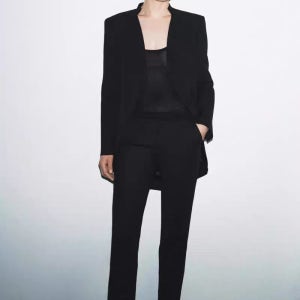 ZARA 여성 블랙 노카라 롱 테일러드 자켓