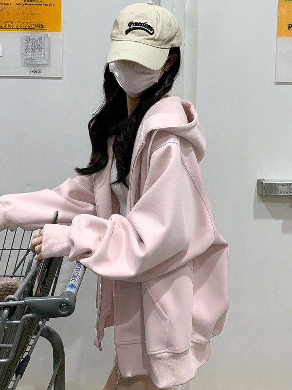여성 루즈핏 후드집업 간절기 아우터 봄 가을용 얇은 핑크 후드티 캐주얼 스타일