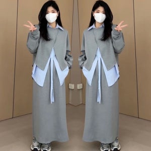 여성 캐주얼 체형커버 맨투맨세트 레이어드 셔츠맨투맨 빅사이즈 가을 트임 치마투피스