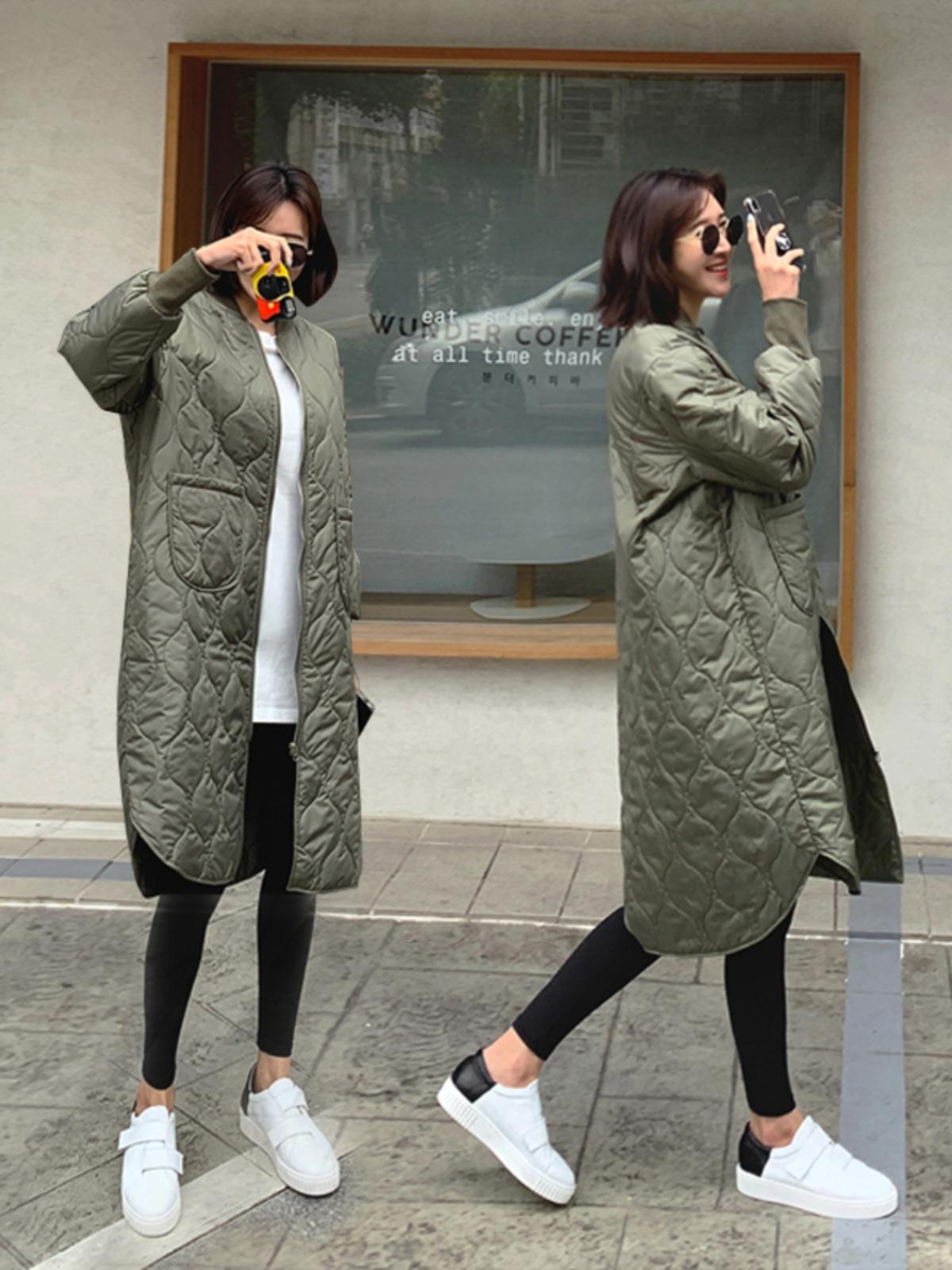 여성경량롱패딩 점퍼 루즈핏 깔깔이 누빔 트렌치 오버핏 양털 연군녹색 M 60kg 이하