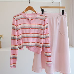 알메르 스트라이프 배색 라운드 골지 니트 가디건