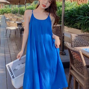 블루원피스 루즈핏 슬립 드레스 연예인룩 봄 여름 롱 원피스 휴양지 의상