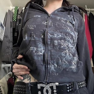 사이버 그런지 이모 00s 집업 재킷 후드 빈티지 그래픽 프린트 맨투맨 미적인 Y2K E-girl 고딕 하라주쿠 크롭 코트