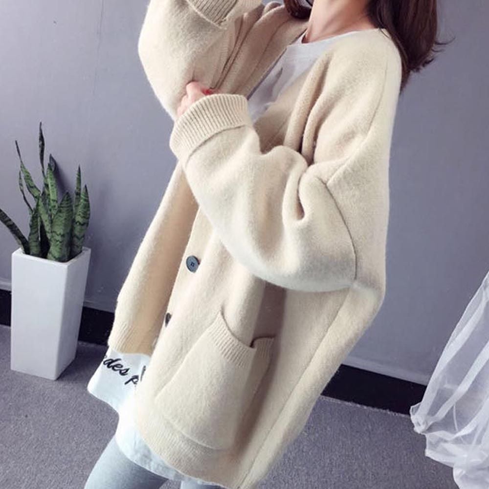 여성 베이지색 니트 가디건 두꺼운 간절기 학생 코디