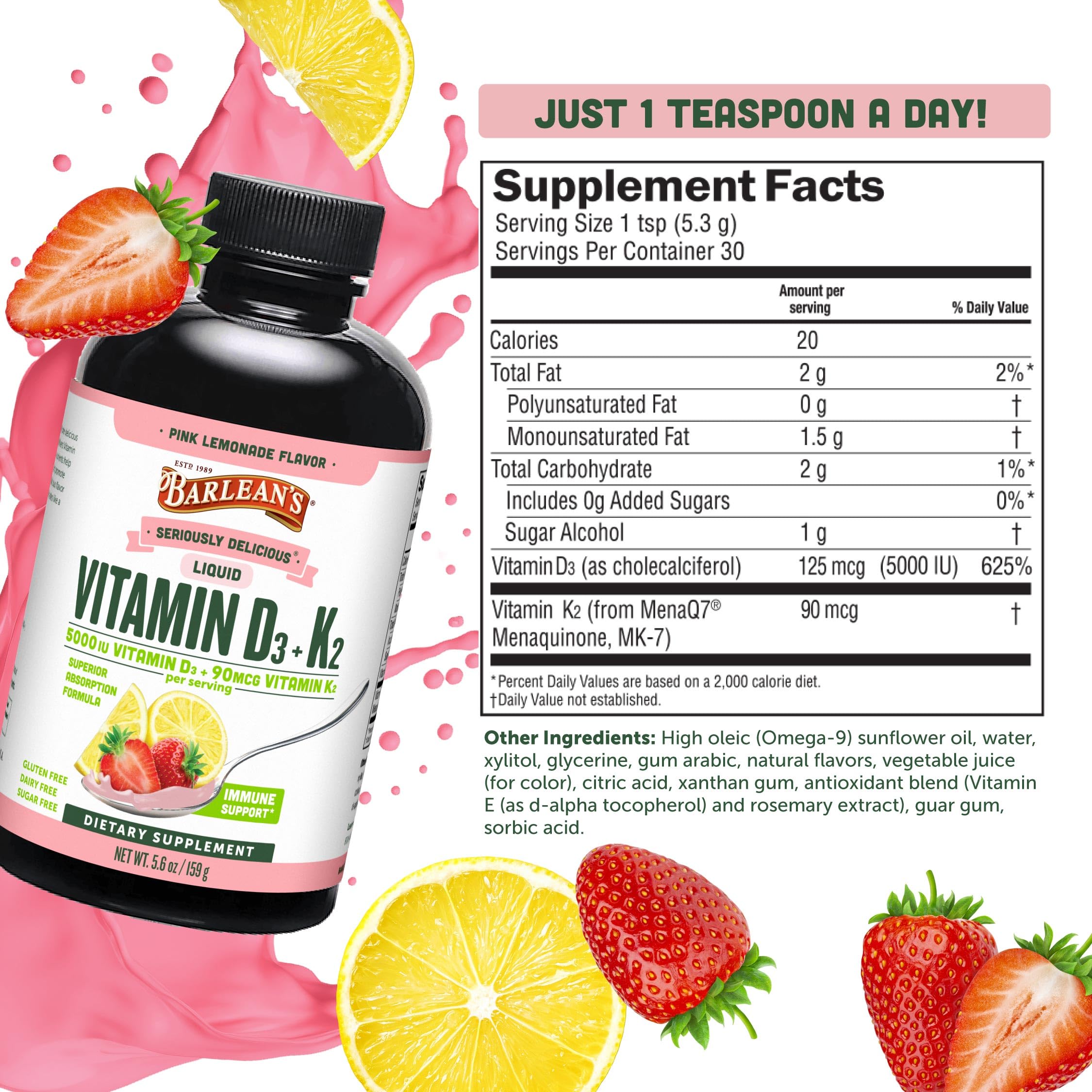 <b>발린스</b> 키즈/성인 <b>비타민 D3</b>+K2 리퀴드 핑크 레모네이드 2개 (5.6oz 각)