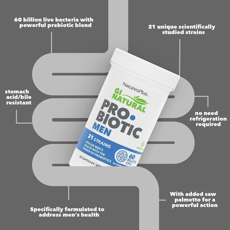 NaturesPlus <b>GI Natural</b> Probiotic Men 600억 CFU 캡슐