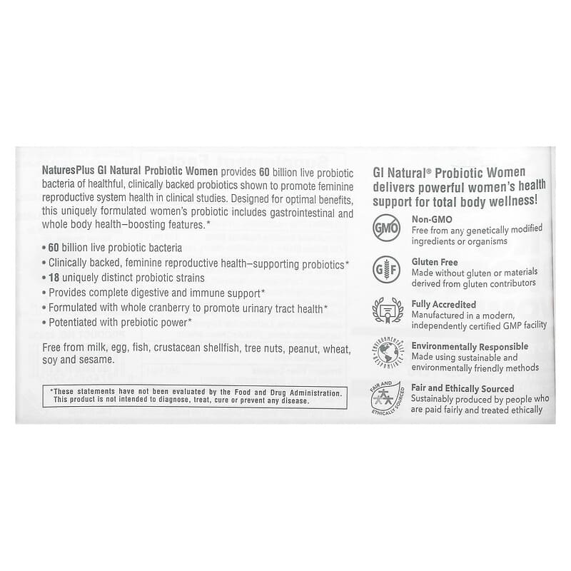NaturesPlus <b>GI Natural</b> 여성용 프로바이오틱 600억 CFU 캡슐 30정
