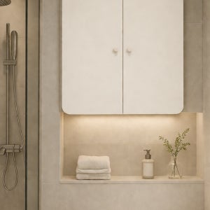 라운드장 크림 여닫이 욕실장 600x800mm 화장실 상부장 욕실 수건수납장