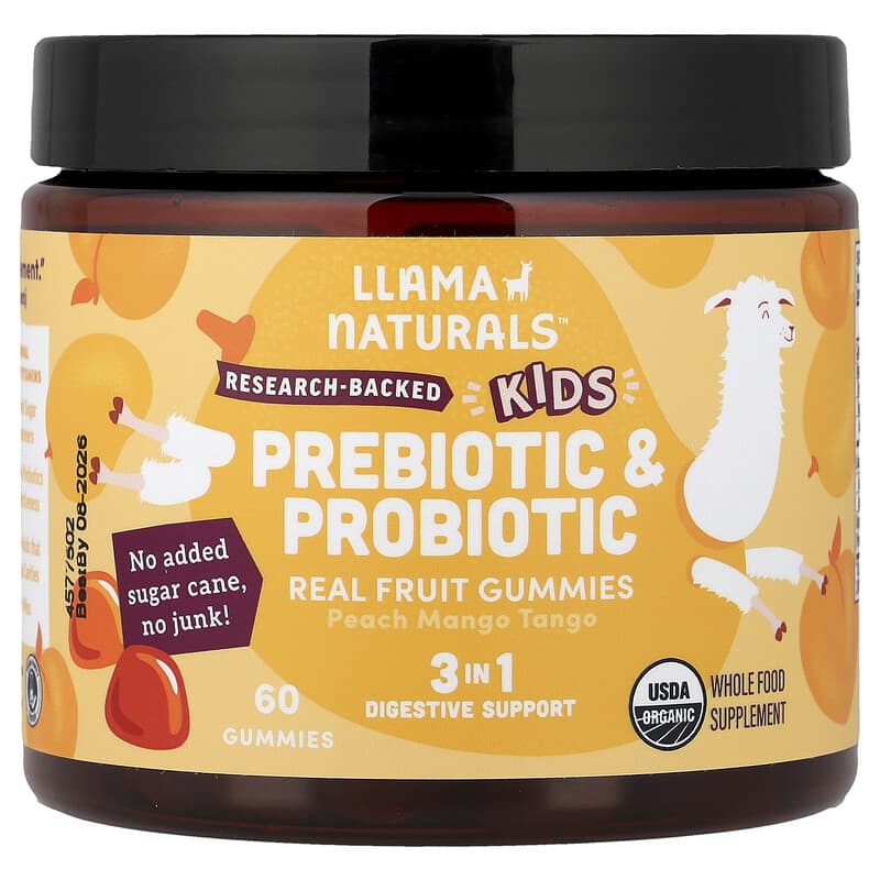 Llama Naturals 어린이용 <b>프리바이오틱</b> <b>프로바이오틱</b> 천연 과일 구미젤리 복숭아