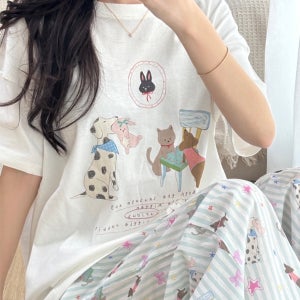 [추천]키치 애니멀 스트라이프 파자마 세트 부드러운 촉감 편안한 착용감 여유핏 홈웨어 잠옷세트