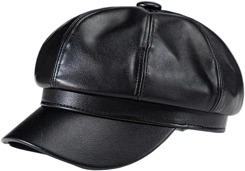 WDIRARA 여성용 PU 가죽 뉴스보이 모자 빈티지 베레모 캡 베이커 보이 카비 One Size Dull Black