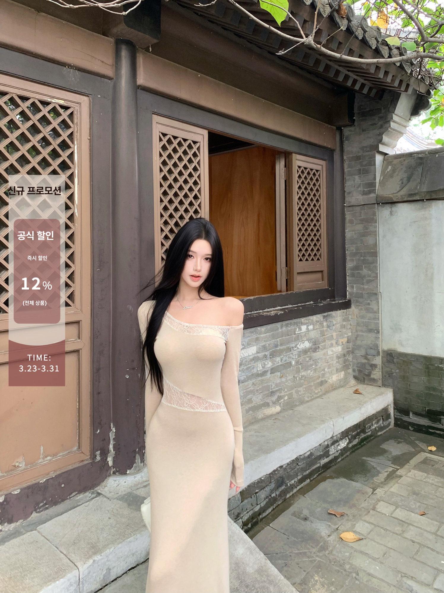 이리스 에르 오프숄더 레이스 롱원피스 살구베이지 1차 XS jayky사이즈