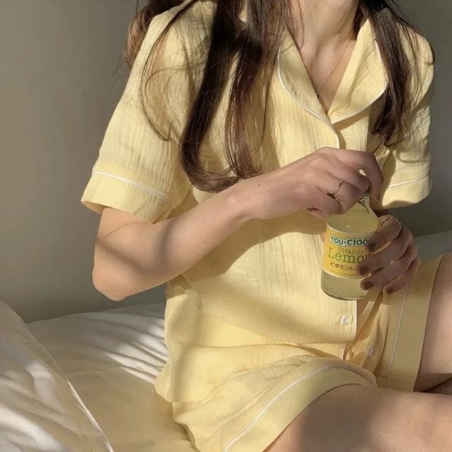 카라 단추 투피스 여자 옐로우 잠옷 여름 홈웨어 여성잠옷 반팔