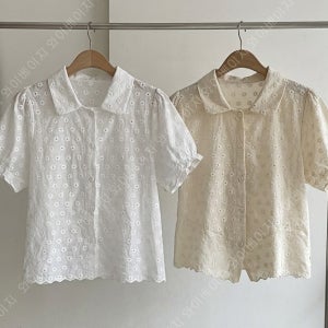 펀칭 레이스 카라 여름 반팔 코튼 화이트 셔츠 썸머 블라우스