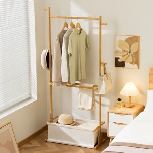 원목 스탠드 옷걸이 하단 패브릭 바구니 수납 행거