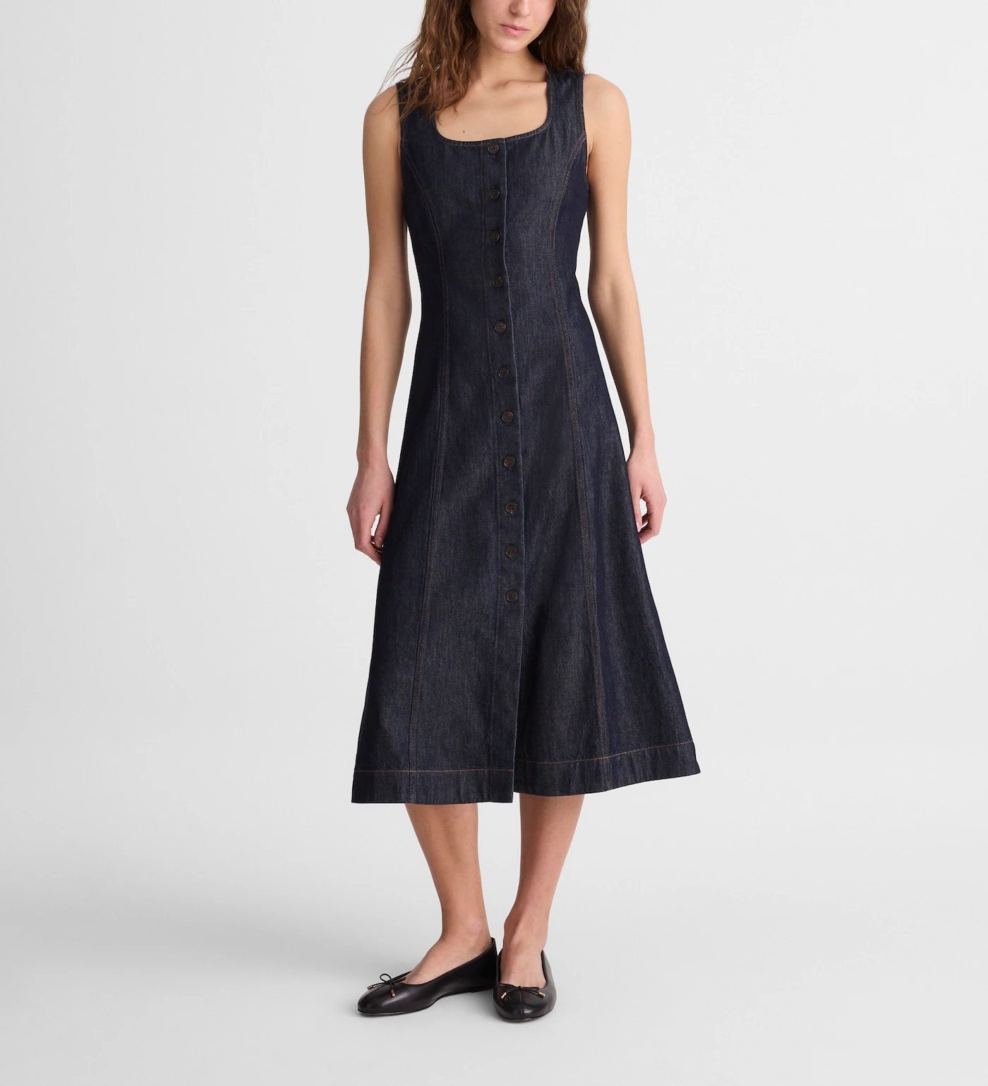 Madewell 메이드웰 데님 스퀘어넥 버튼 프론트 미디 드레스 여자 원피스 패션