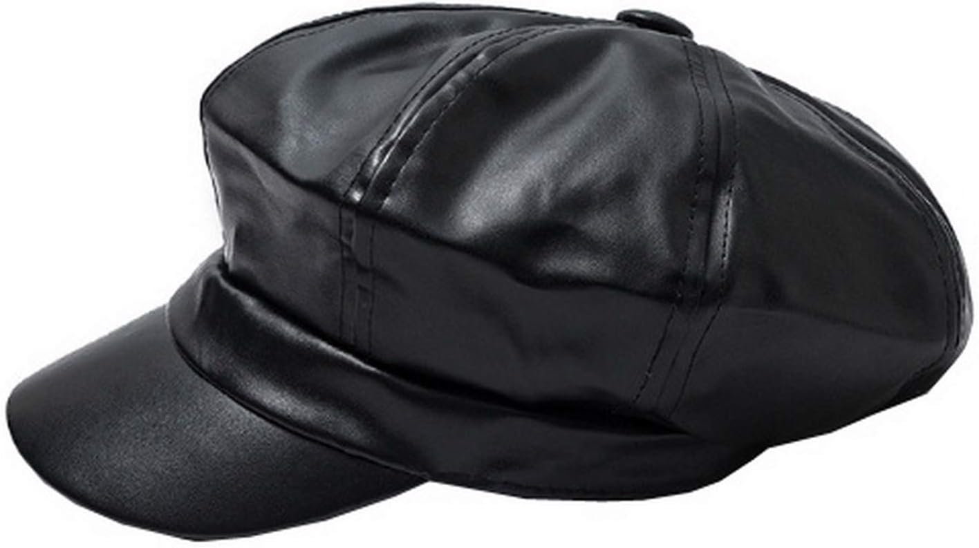 여성 PU 가죽 뉴스보이 캐비 피크 베레모 캡 빈티지 베이커 보이 바이저 모자 One Size Black