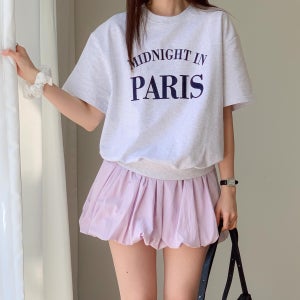 여성 파리 자수 반팔 맨투맨 베이직 캐주얼 데일리룩 오버핏 밴딩 스웨트셔츠