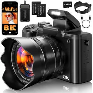 사진 촬영용 8K 디지털 카메라 오토포커스, 2026년 유튜브, SD 카드, 렌즈 후드, 터치 스크린, 배터리 2개 및 충전 스탠드용 듀얼 렌즈가 장착된 8,800만 화소 WiFi