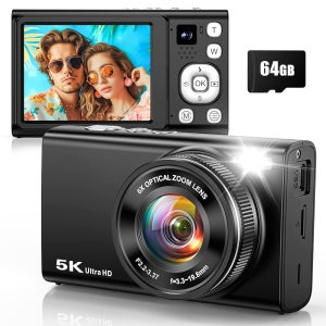 6배 광학 줌을 갖춘 5K 96MP 사진 촬영용 디지털 카메라, 듀얼 렌즈, 64GB 카드, 플래시, 흔들림 방지, 컴팩트 포인트 및 촬영 카메라를 유튜브용 오토포커스 브이로그